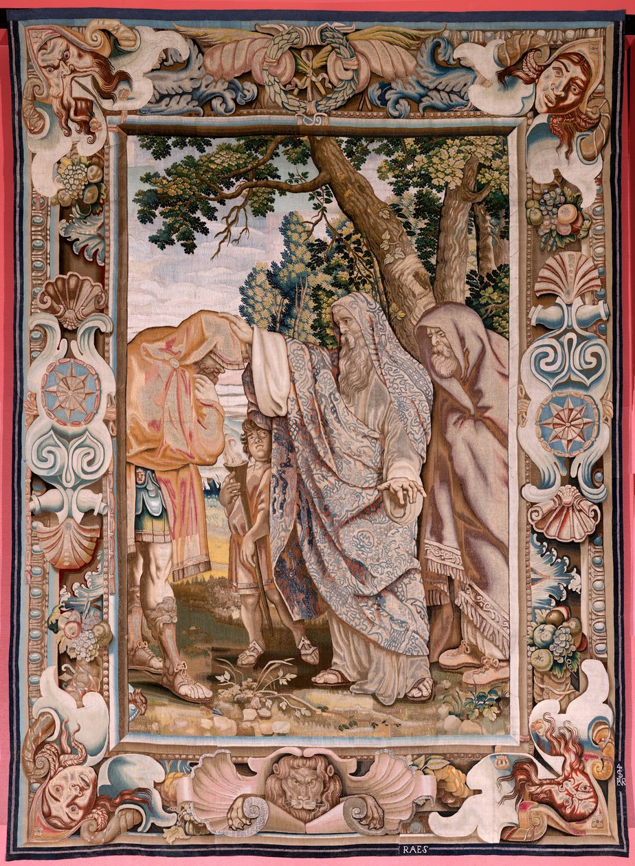 Vlaamse wandtapijt. Serie Geschiedenis van de consul Decius Mus. Valerius zegent Decius. Vierde wandtapijt in de serie. Model PP Rubens. Atelier Jan Raes II, Brussel. Ca 1620-1629. Stof Goud, zilver, zijde en wol. Afmeting 405 x 330 cm. Locatie Koninklijk door Peter Paul (after) Rubens