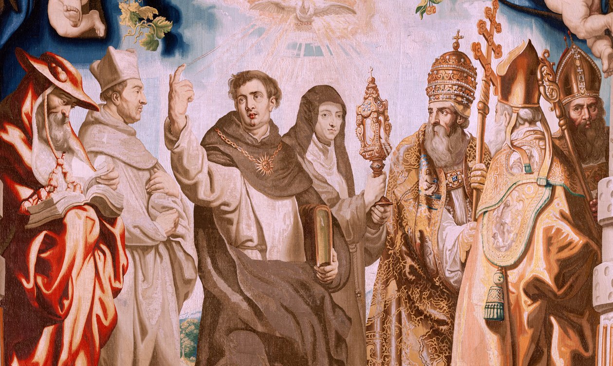 Vlaams wandtapijt. Serie De Triomf van de Eucharistie. De verdedigers van de Eucharistie door Peter Paul (after) Rubens