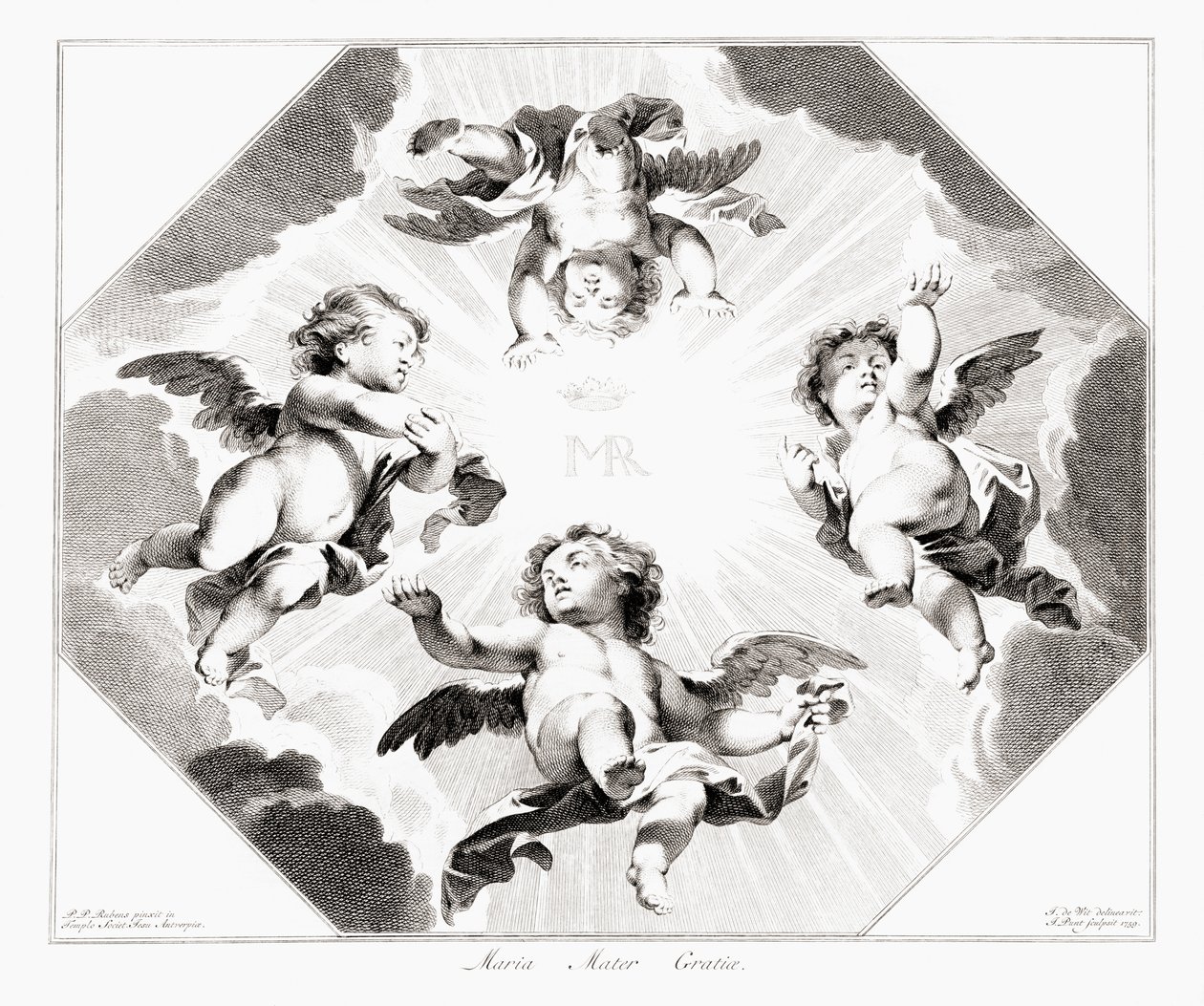 Vier kindengelen vieren de Maagd Maria door Peter Paul (after) Rubens