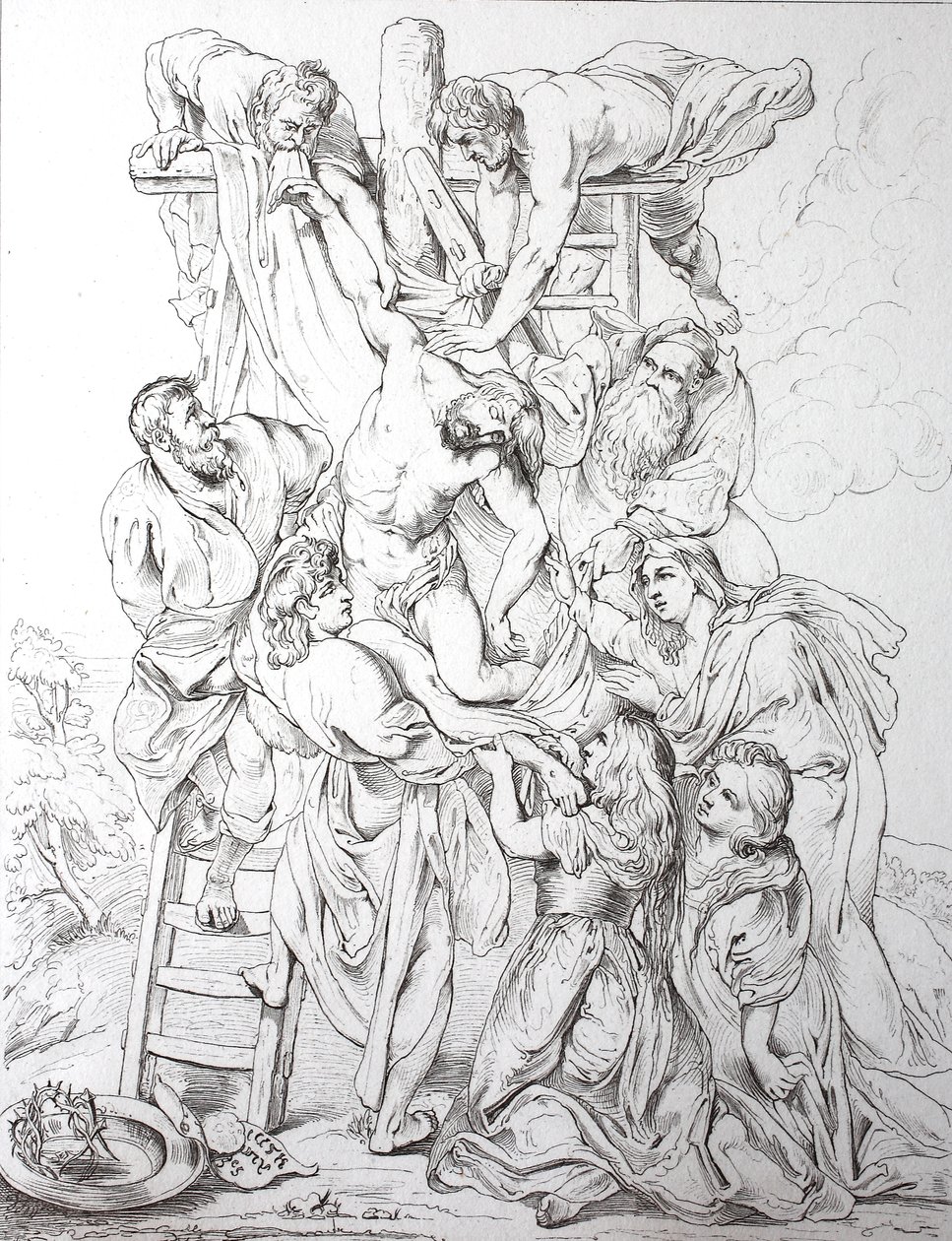 Jezus Christus, Afdaling van het kruis (prent) door Peter Paul (after) Rubens