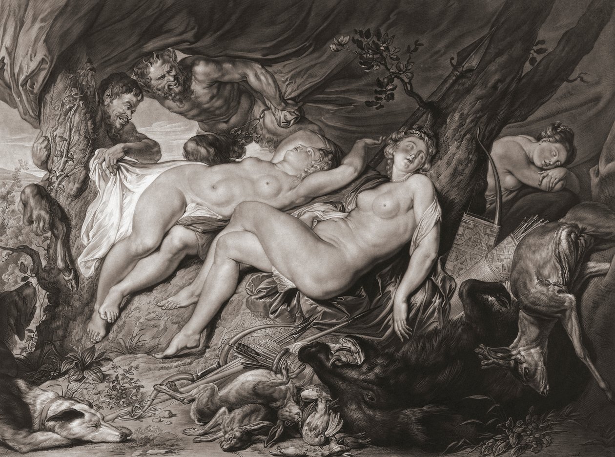 Slapende Diana en haar nimfen bespied door saters door Peter Paul (after) Rubens