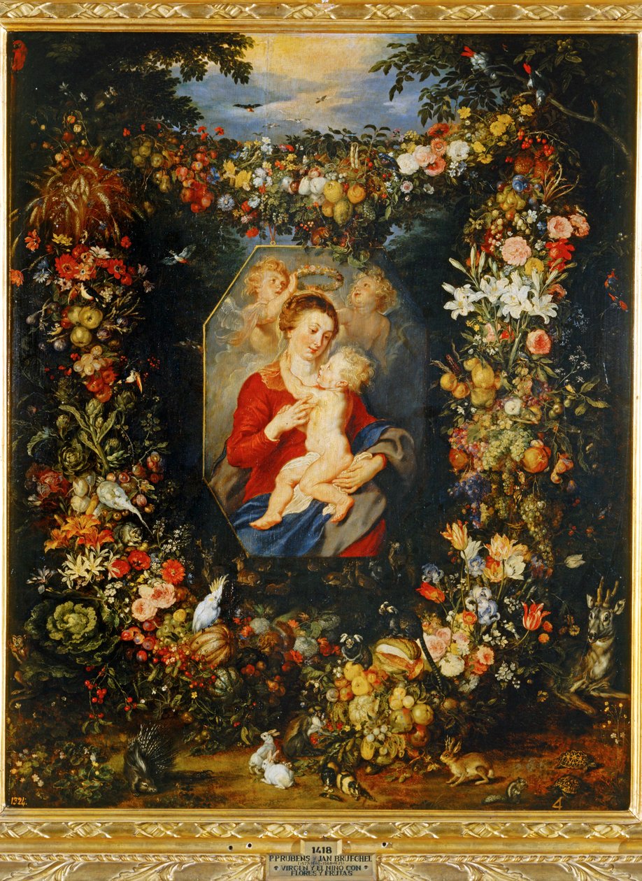 Maria Maagd en Kind met bloemen- en vruchtenkrans ... door Peter Paul & Brueghel Jan (1601 78) Rubens