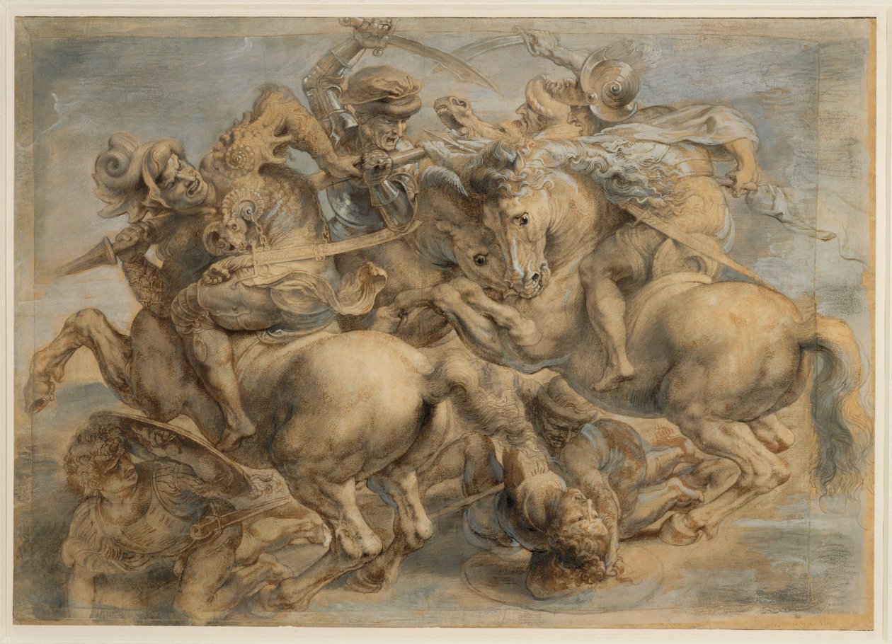 Slag bij Anghiari (bruine inkt, zwarte steen, penseel, pen, opgehoogd met gouache en loodwit) door Peter Paul Rubens