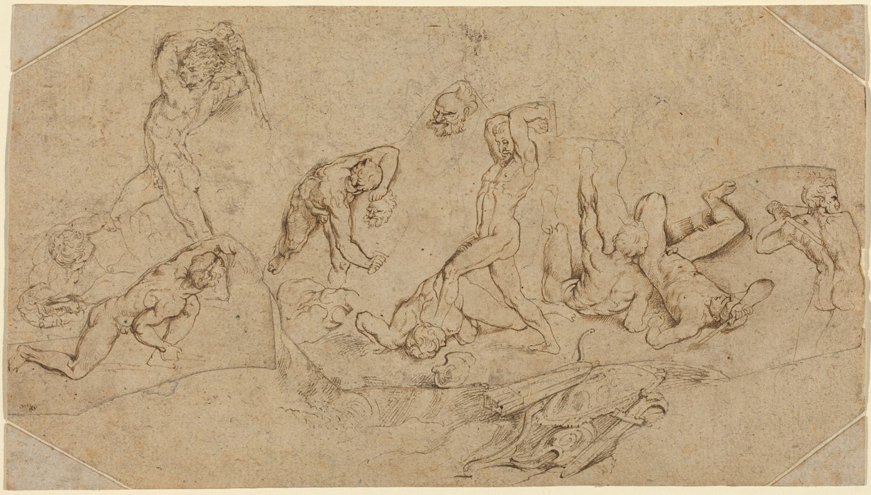 Strijd van naakte mannen (pen en bruine inkt over zwart krijt op vier onregelmatig gesneden stukken van twee soorten buff gelegd papier; neergelegd en met hoekstukken toegevoegd) door Peter Paul Rubens