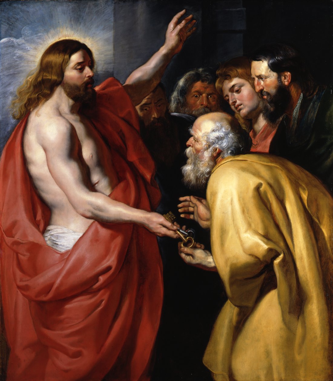 Christus overhandigt de heilige Petrus de sleutels van de hemel door Peter Paul Rubens