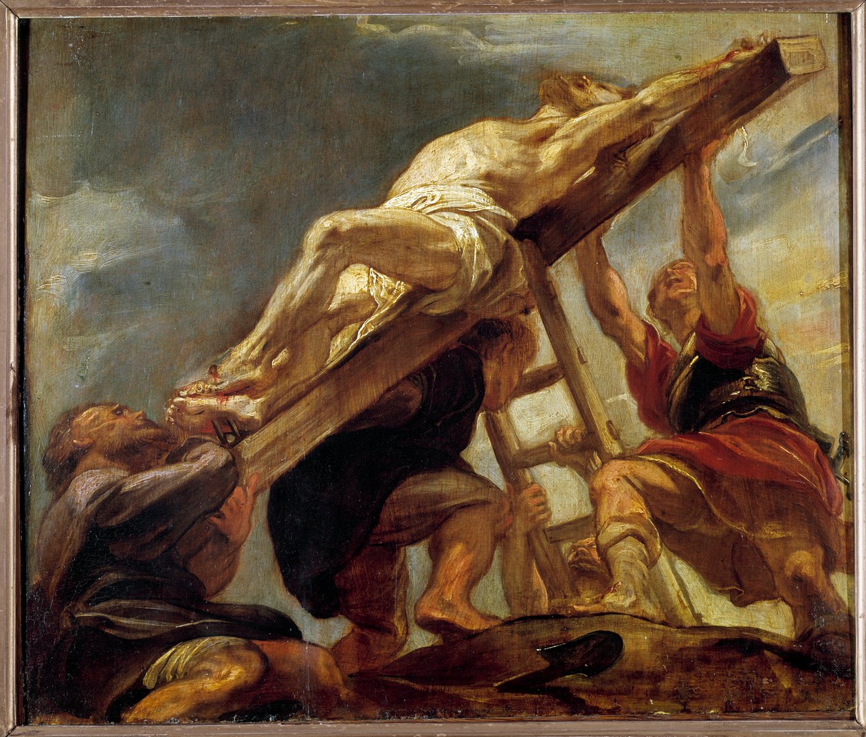 Verheffing van het kruis (schets voor een compartiment van het plafond van de Jezuïetenkerk in Antwerpen) door Peter Paul Rubens