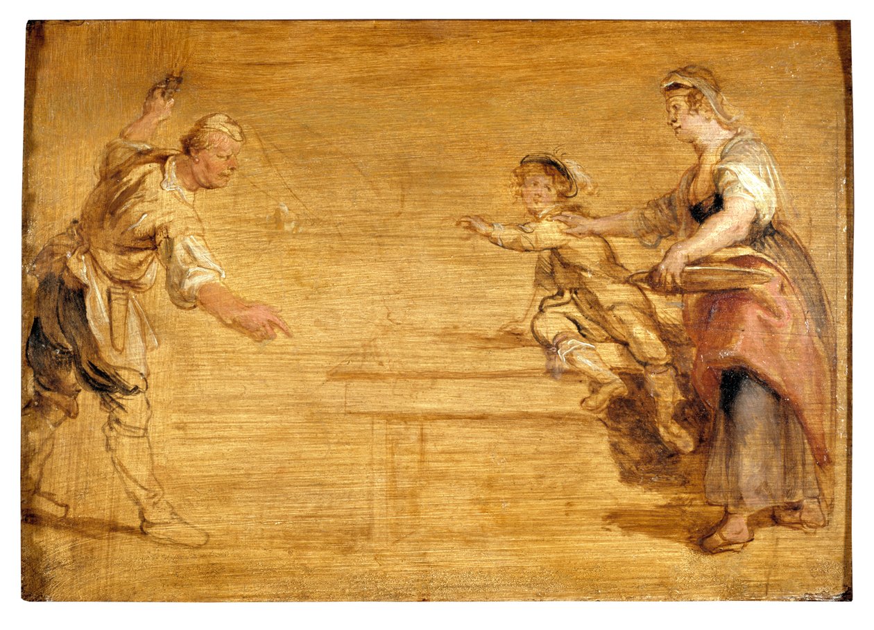 Keukenmeid, slager en jongen rond een tafel door Peter Paul Rubens