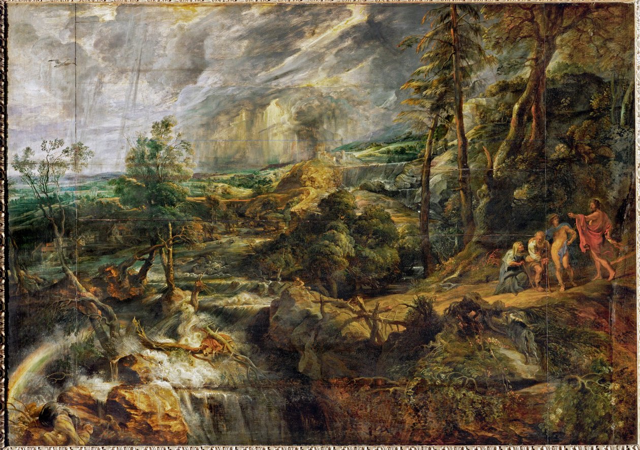 Landschap in een onweersbui met Philemon en Baucis, Jupiter en Mercurius, ca. 1620 (olieverf op hout) door Peter Paul Rubens