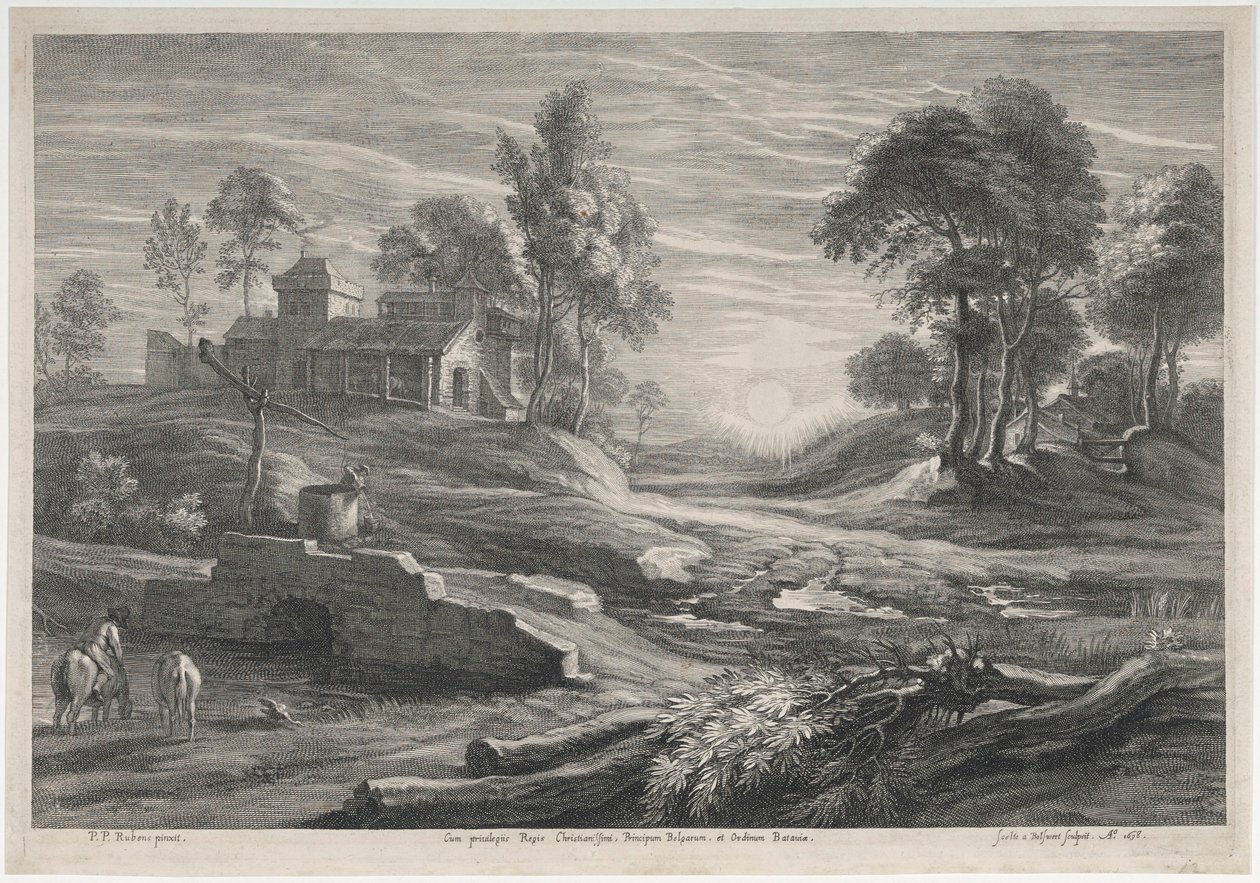 Landschap met zonsondergang en twee boerderijen door Peter Paul Rubens