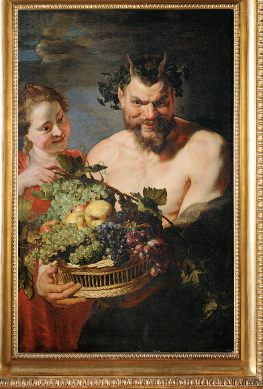 Maenaden en sater met fruitmand (schilderij op doek) door Peter Paul Rubens