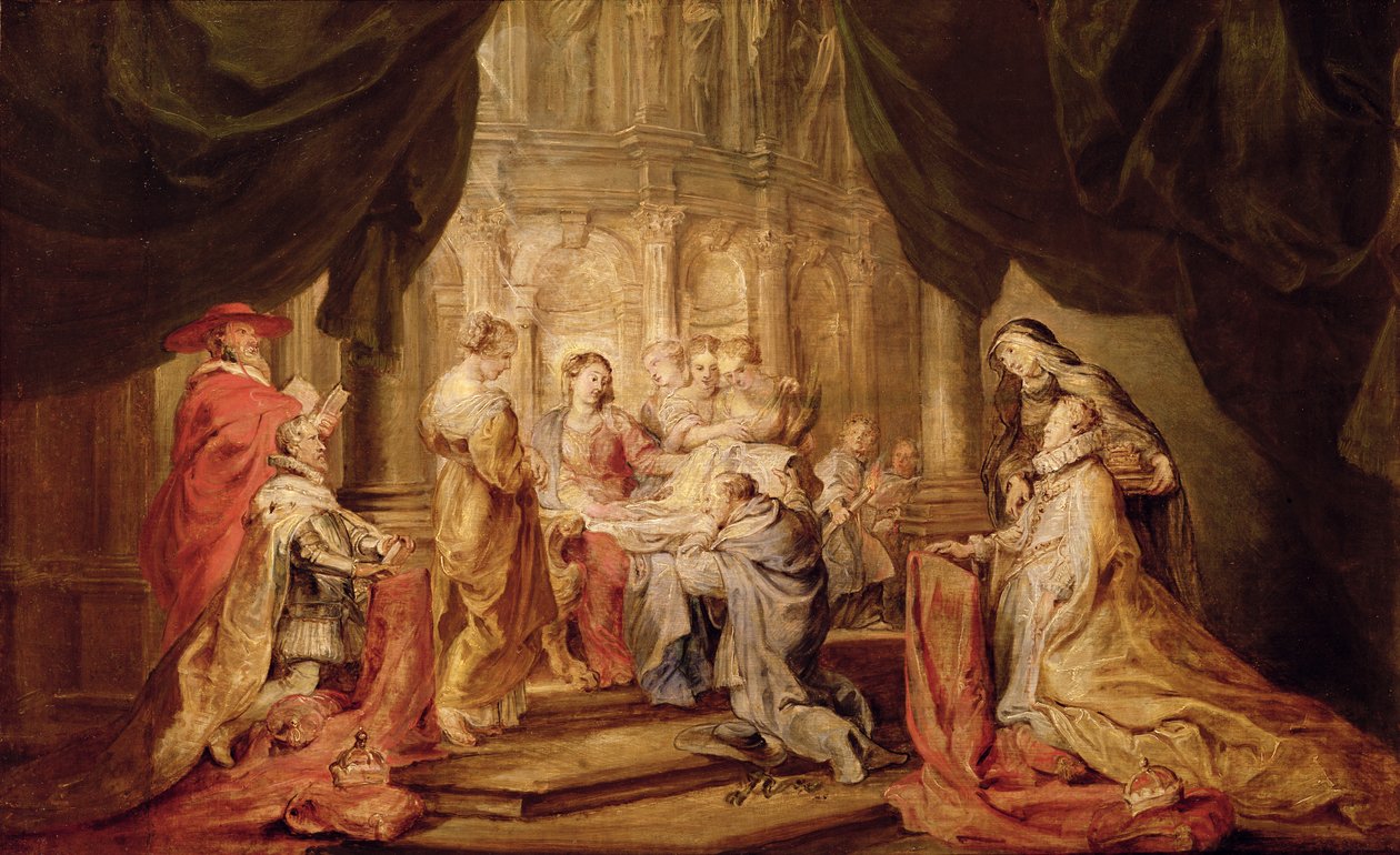 Maria geeft Ildefonso, aartsbisschop van Toledo, het gewaad, met de aartshertog Albrecht VII en zijn patroonheilige Albert van Leuven links en de infante Isabella Clara Eugenia en haar patroonheilige Elizabeth van Hongarije links (schets voor het altaar) door Peter Paul Rubens