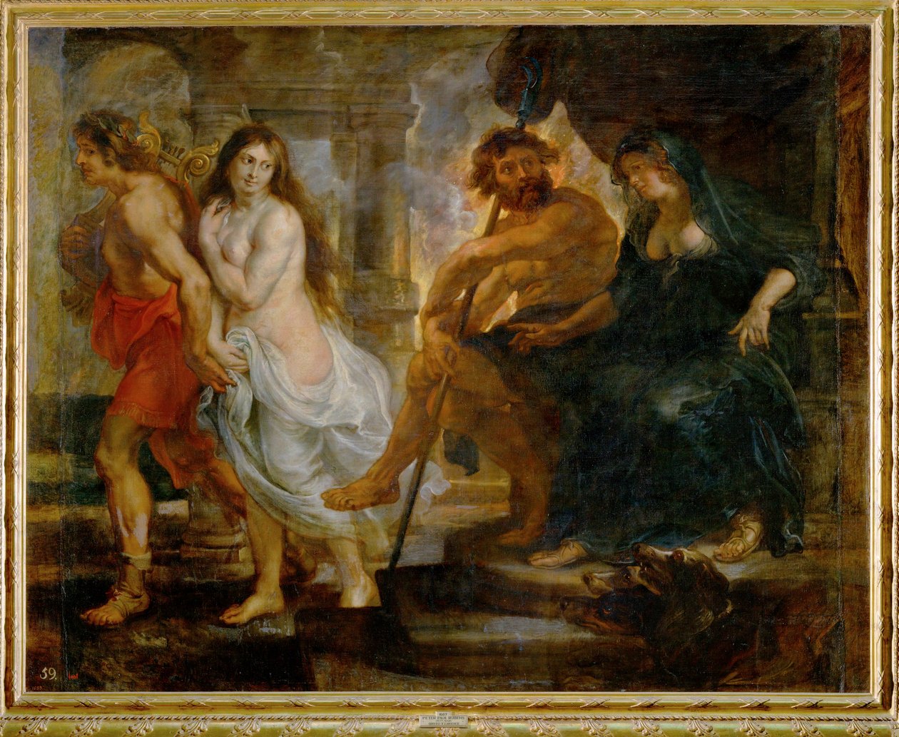 Orpheus en Euridice met Pluto en Proserpina (schilderij op doek) door Peter Paul Rubens