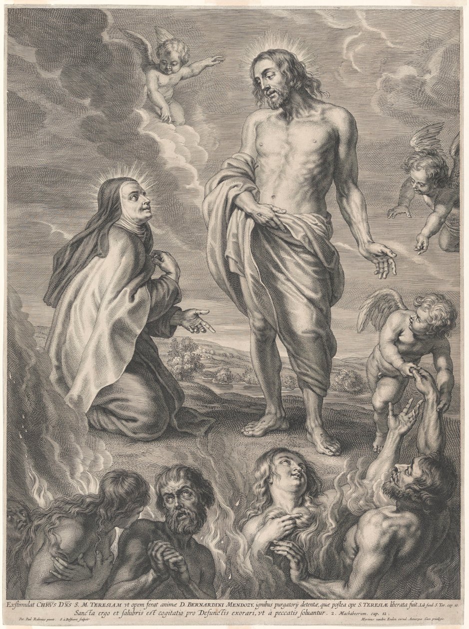 De heilige Teresa van Ávila, geknield voor Christus, die voor de zielen in het vagevuur bemiddelt door Peter Paul Rubens
