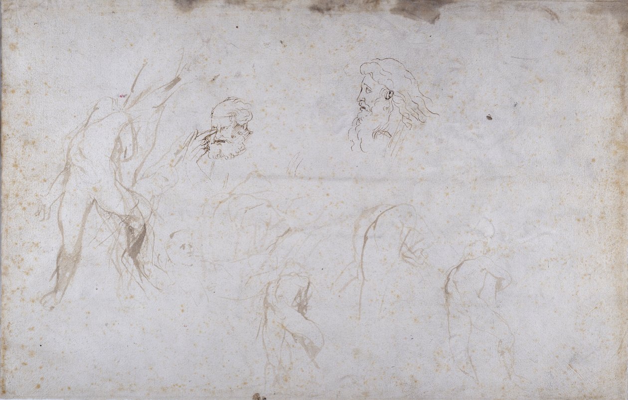 Studies van een mannelijk figuur vastgebonden aan een boom en van twee mannelijke hoofden, c.1601 door Peter Paul Rubens