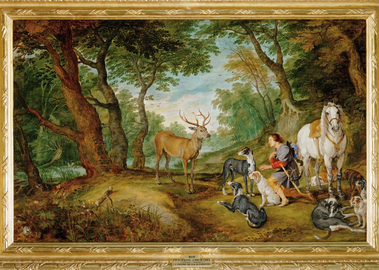 Het visioen van Sint Hubertus (schilderij op doek) door Peter Paul Rubens