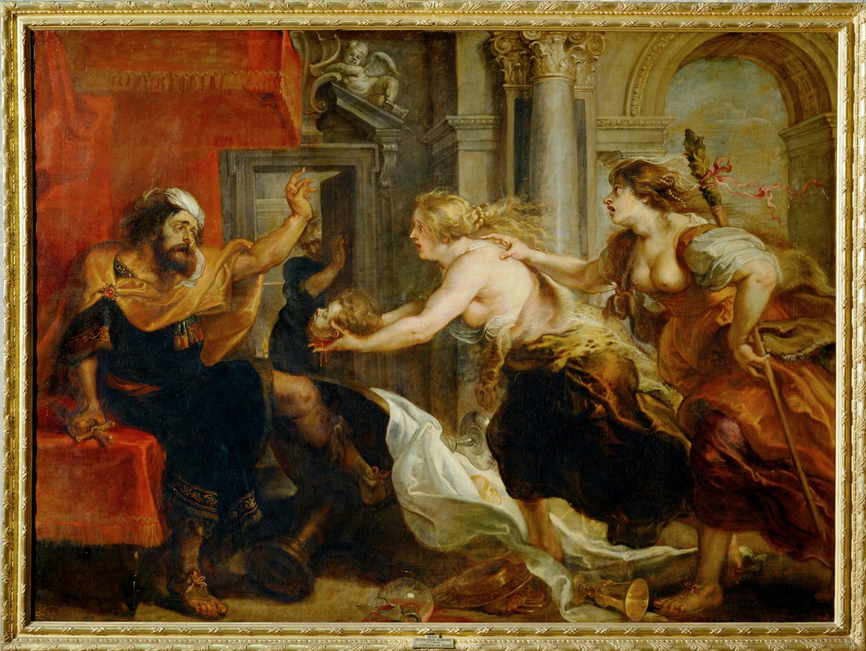 Het banket van Tereus: Philomena en Procne presenteren Tereus het onthoofde hoofd van zijn zoon Het is (schilderij op doek) door Peter Paul Rubens