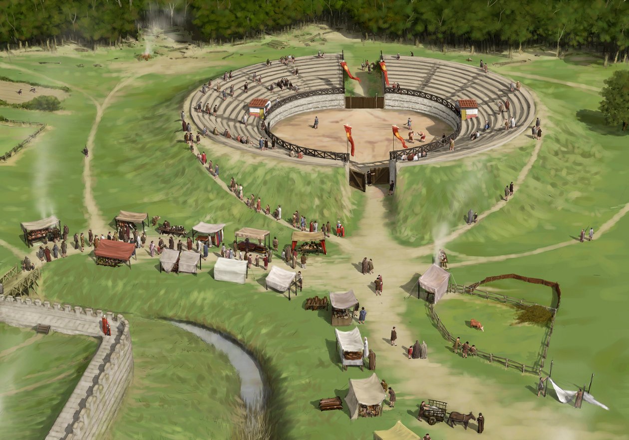 Toeschouwers arriveren bij het Romeinse amfitheater van Silchester, ca. 250 AD, ca. 1990-2010 door Peter Urmston