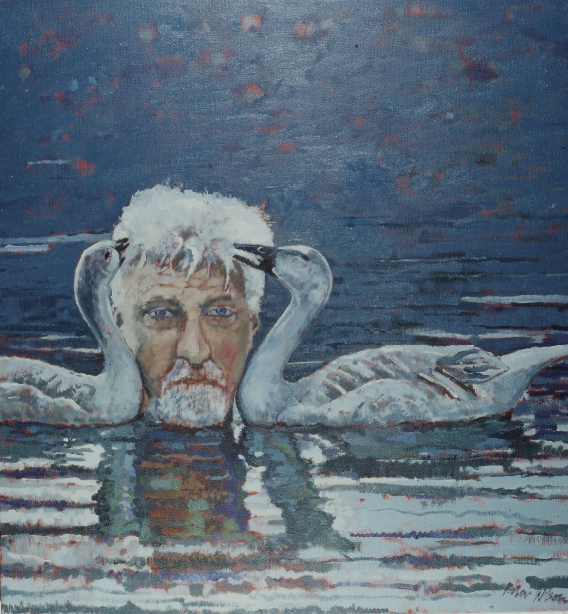 Conrad Lorenz met ganzenkuikens, 2000 (olieverf op doek) door Peter Wilson