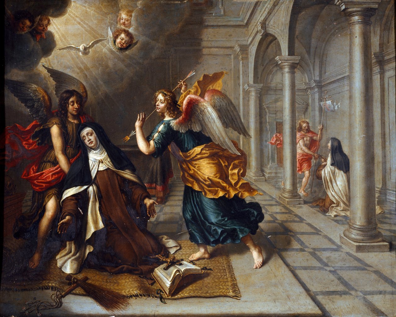Sint Theresia van Avila (van het kind Jezus) (1515-1582) ontmoet de engel die haar hart doorboort met zijn gouden pijl door Peter van Lint