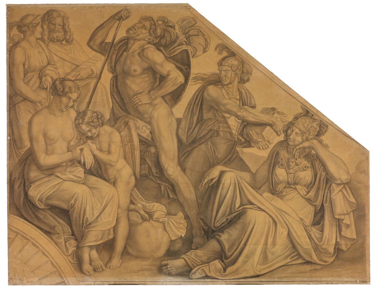 Aphrodite und Ares von Diomedes verwundet. Karton zu den Deckenbildern der Münchner Glyptothek door Peter von Cornelius