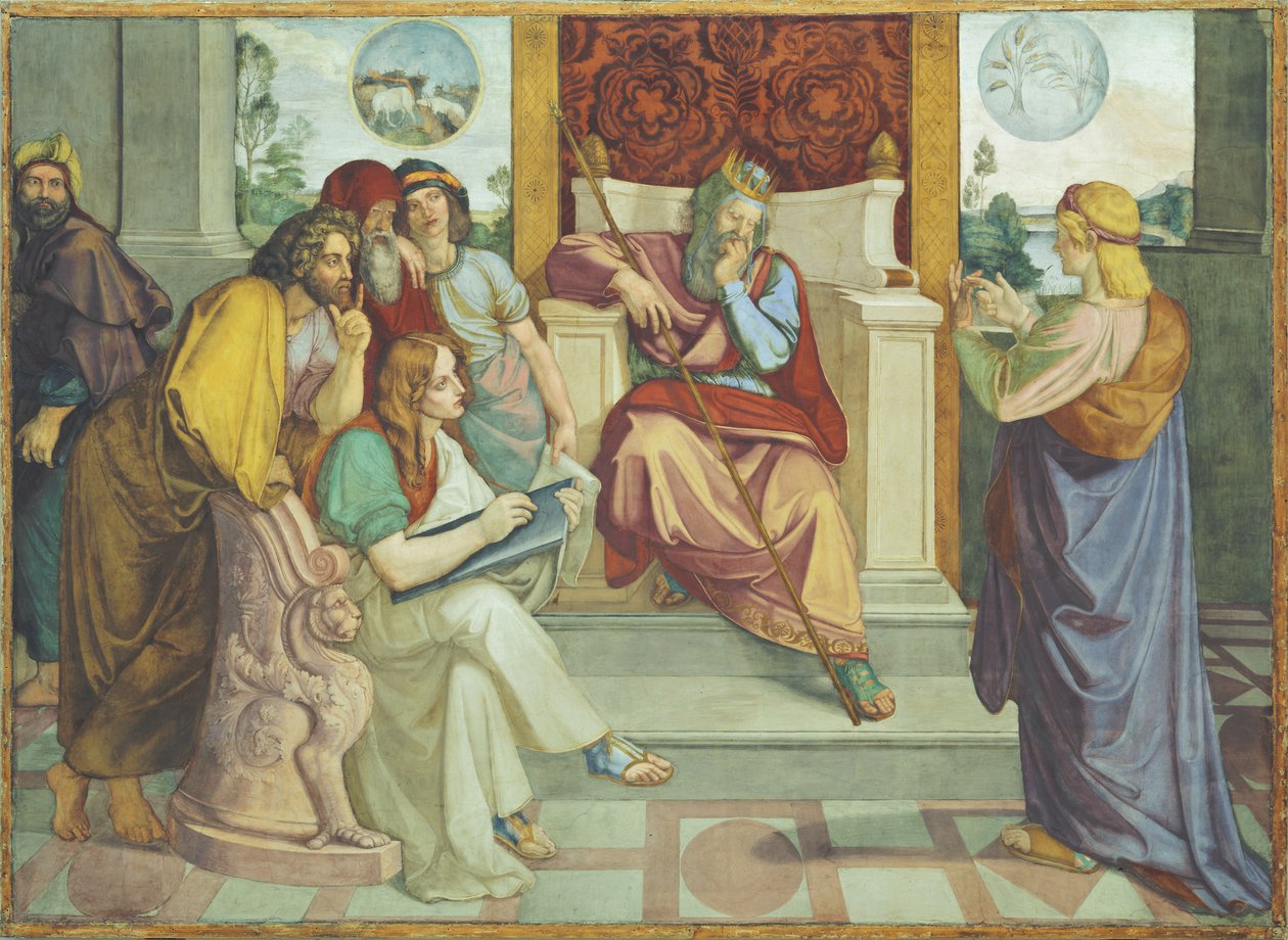 Jozef duidt de dromen van de farao. Wandschildering uit de acht delen tellende cyclus uit de Casa Bartholdy in Rome door Peter von Cornelius