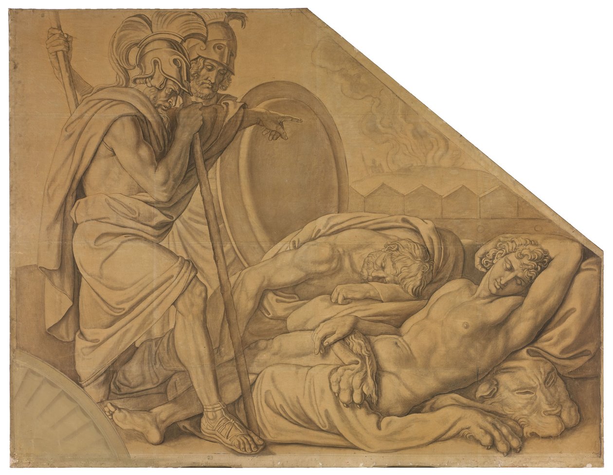 Nestor und Agamemnon wecken Diomedes. Karton zu den Deckenbildern der Münchner Glyptothek door Peter von Cornelius