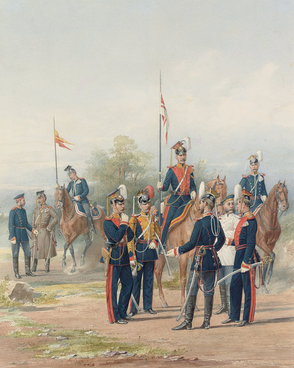 Een groep officieren en soldaten van de Life Guard Lancer Regimenten van Zijne en Hare Majesteiten door Petr Balashov