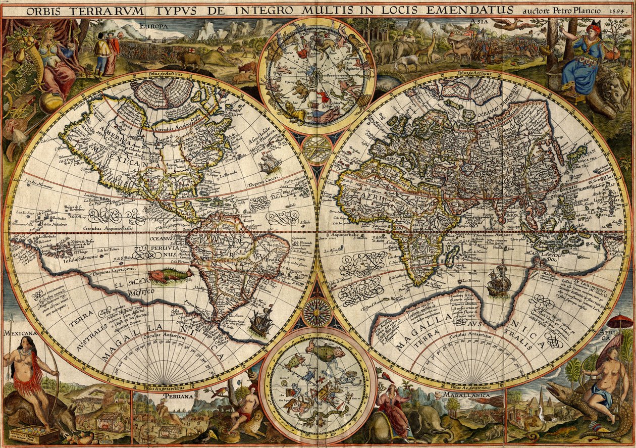 Orbis Terrarum Typus... (Dubbele hemisferische wereldkaart) door Petrus & Doetichum Jan van younger Plancius