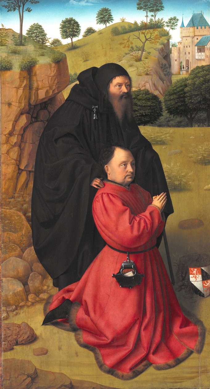 Altaarpaneel met een portret van een schenker in scharlaken onder de bescherming van St. Antonius door Petrus I Christus
