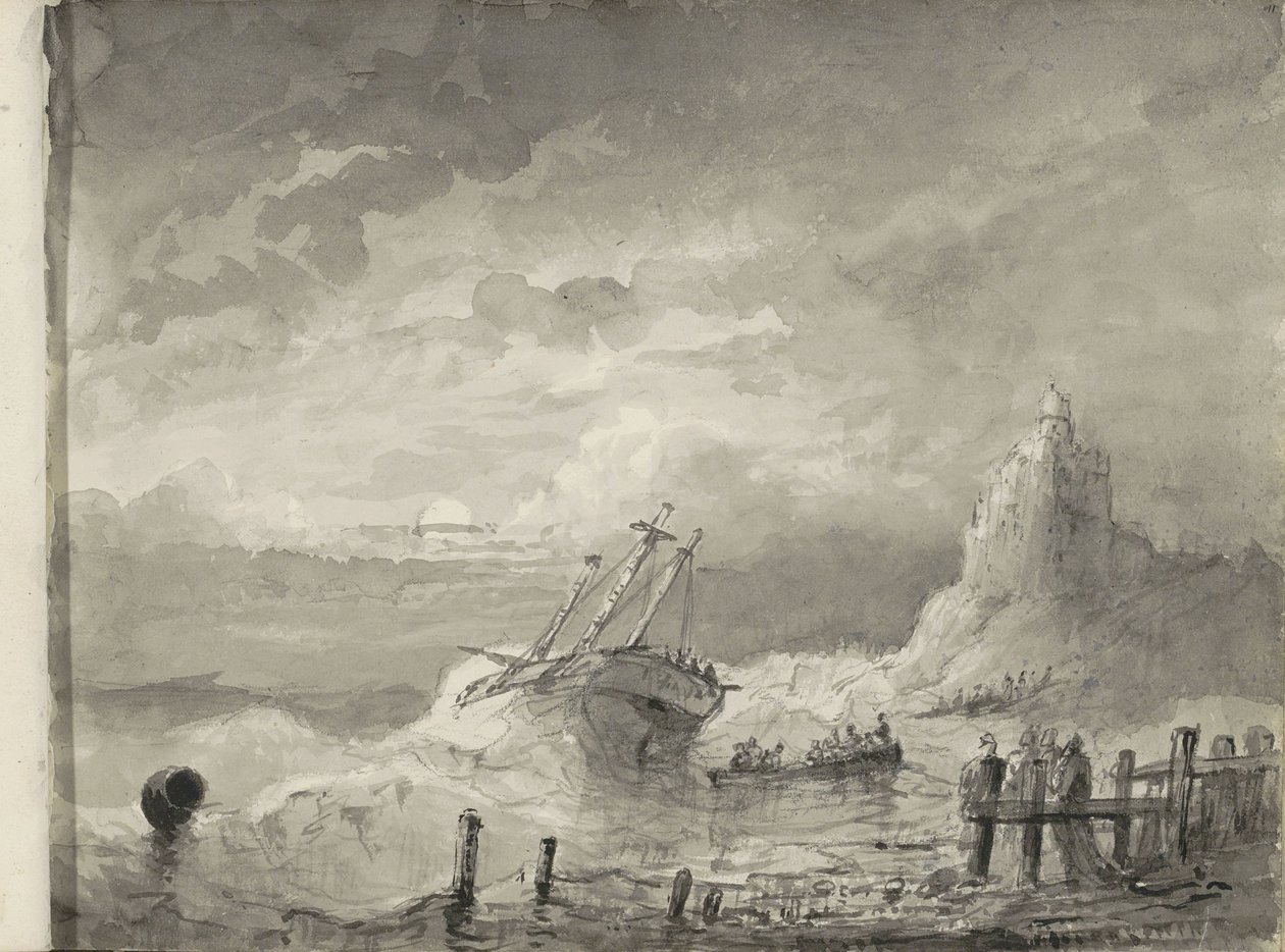 Schip in nood voor een kust door Petrus Johannes Schotel (circle of)