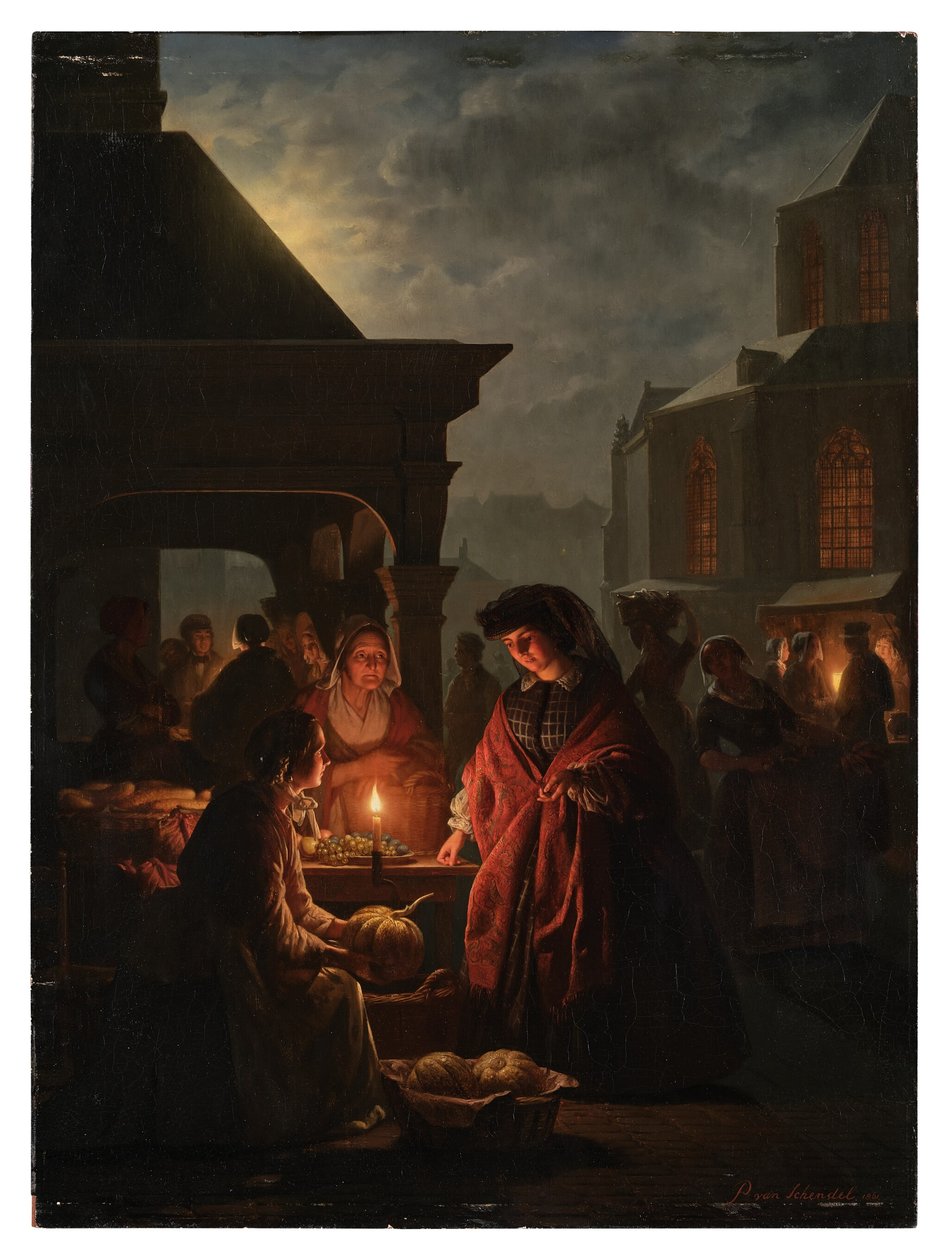 De Groenmarkt in Den Haag bij Nacht door Petrus van Schendel