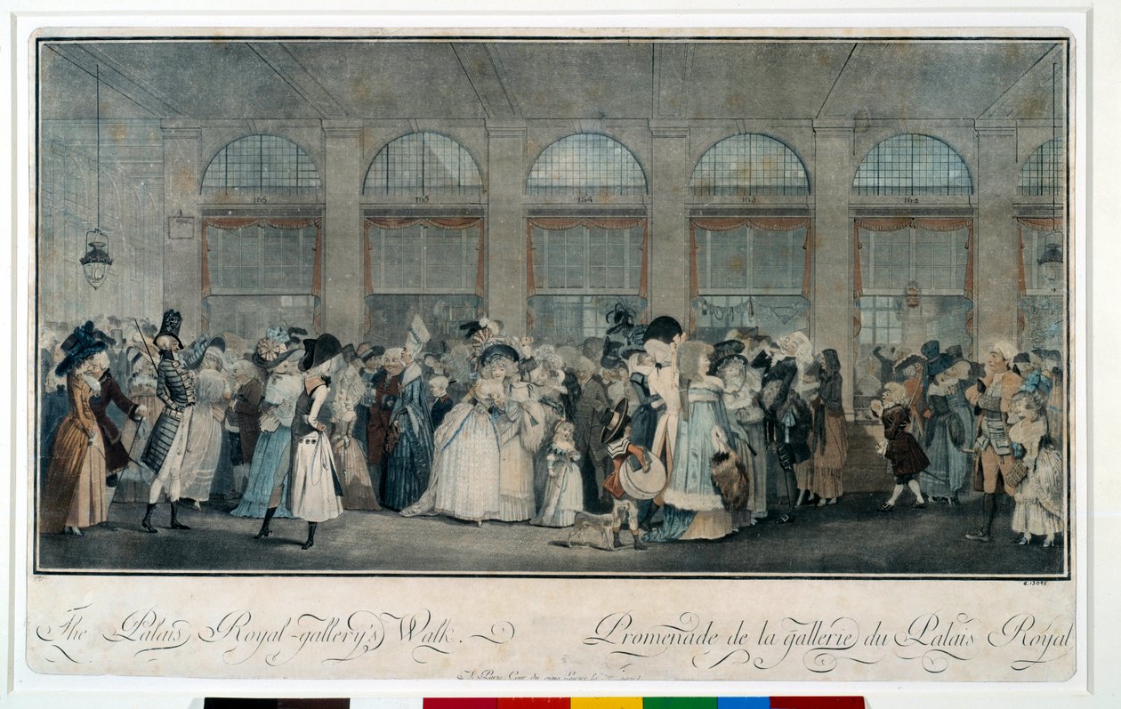 Wandeling door de galerij van het koninklijk paleis in 1787 door Philibert Louis Debucourt