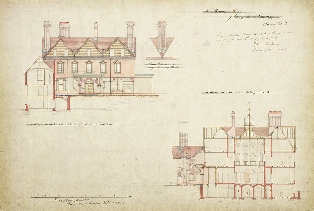 Ontwerp voor Joldwyns, Surrey, 1872 door Philip Webb