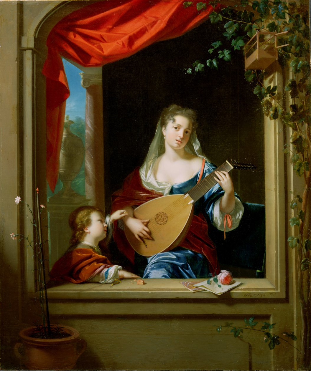 Elegante dame die de luit bespeelt bij een raam door Philip van Dyck