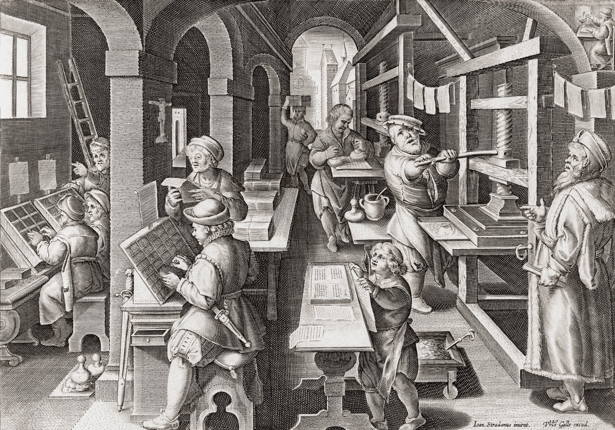 Een Europese drukkerij circa 1590 (gravure) door Philip (after) Galle