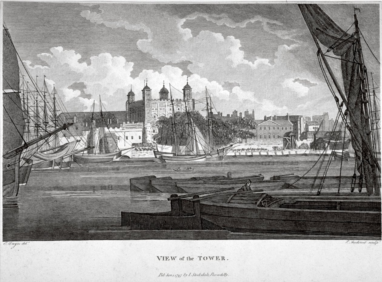 Uitzicht op de Tower of London met boten op de Theems, ca. 1790 door Philip Audinet