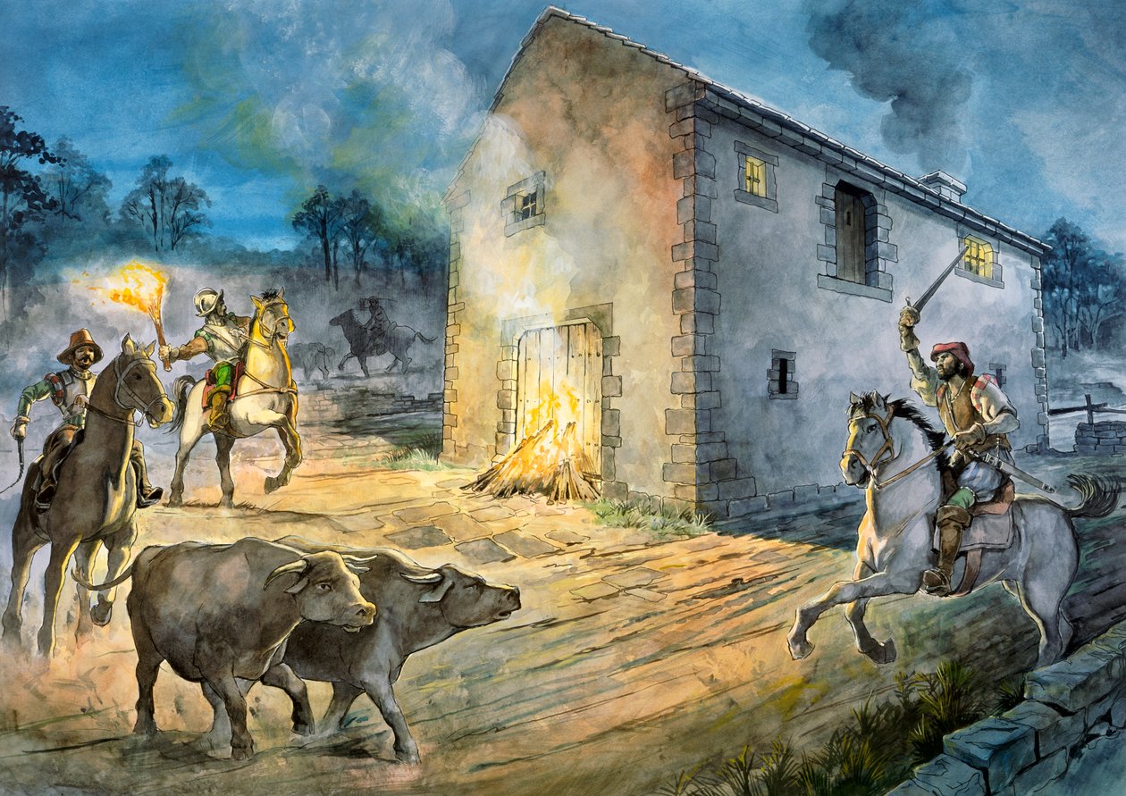 Reivers die Birdoswald aanvallen, 16e eeuw door Philip Corke