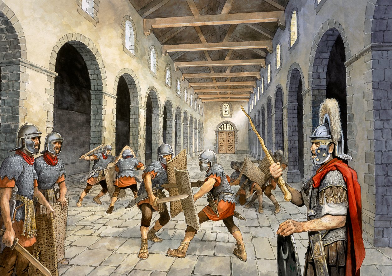 Romeinse infanterie oefent gevechten, 3e eeuw, ca. 1990-2010 door Philip Corke