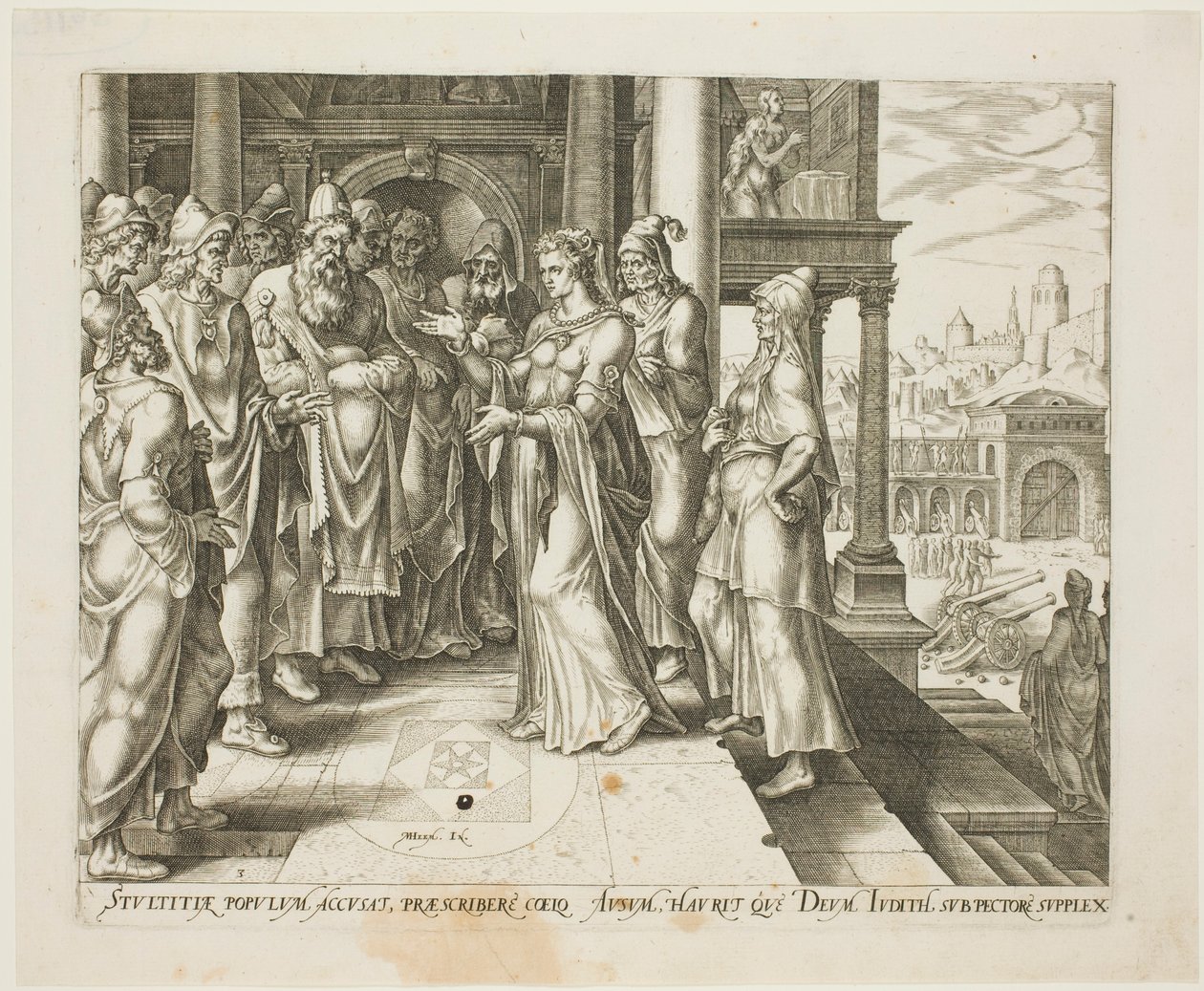 Judith Spreekt de Ouderen van Bethulia Toe, plaat drie uit Het Verhaal van Judith en Holofernes door Philip Galle