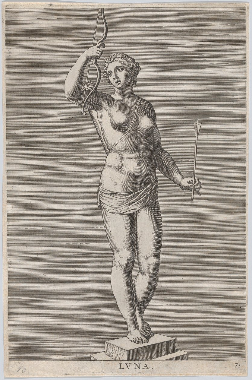 Plaat 7: Diana, standbeeld van de naakte godin staand op een sokkel, met een halve maan in..., 1586 door Philip Galle