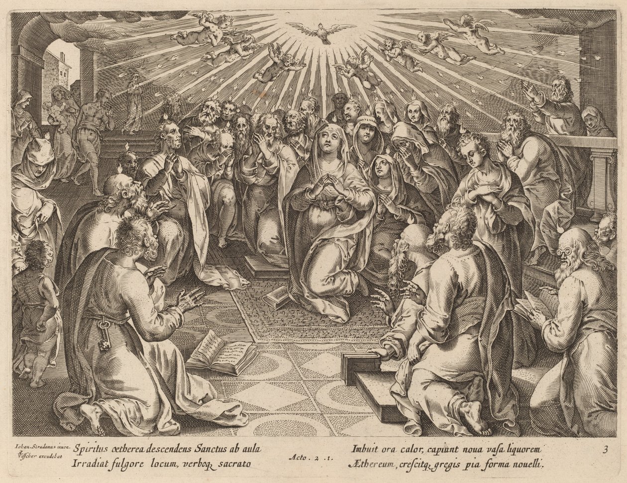 Pinksteren door Philip Galle after Jan van der Straet