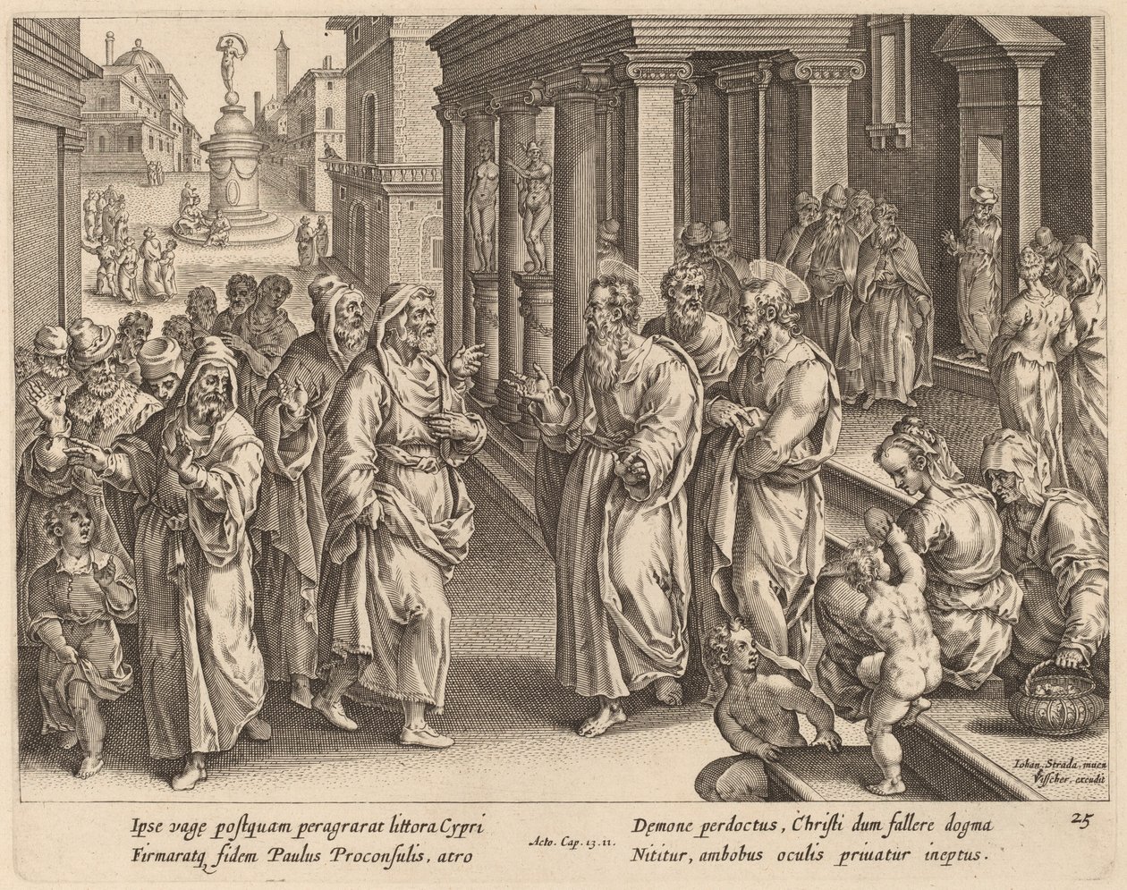 Sint Paulus betwist de tovenaar door Philip Galle after Jan van der Straet