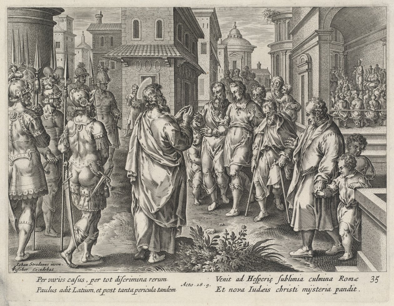 Sint Paulus Predikend in Rome door Philip Galle after Jan van der Straet