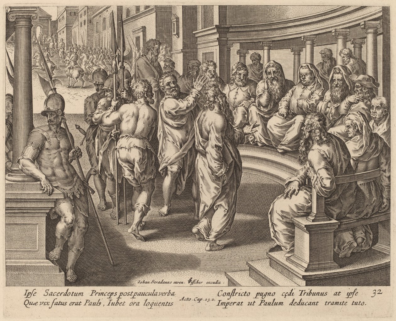Sint Paulus voor de hogepriester door Philip Galle after Jan van der Straet