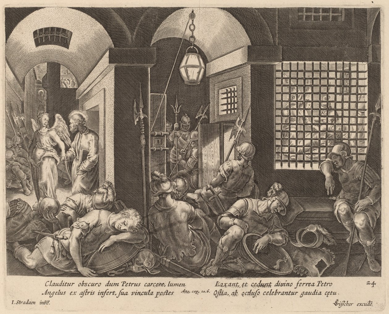 Sint Petrus Bevrijd uit de Gevangenis door een Engel door Philip Galle after Jan van der Straet