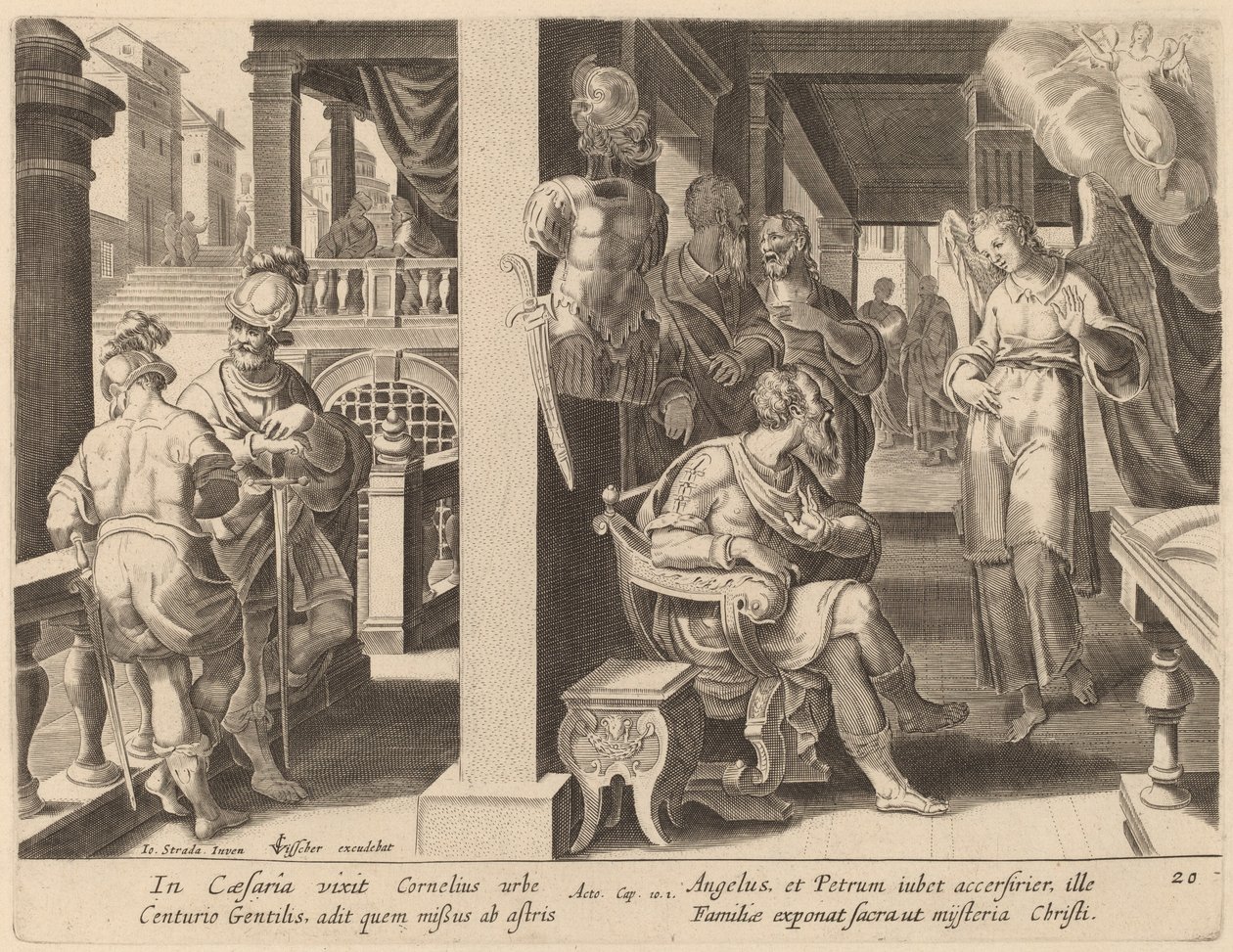 De Engel beveelt Cornelius om Sint Petrus te halen door Philip Galle after Jan van der Straet