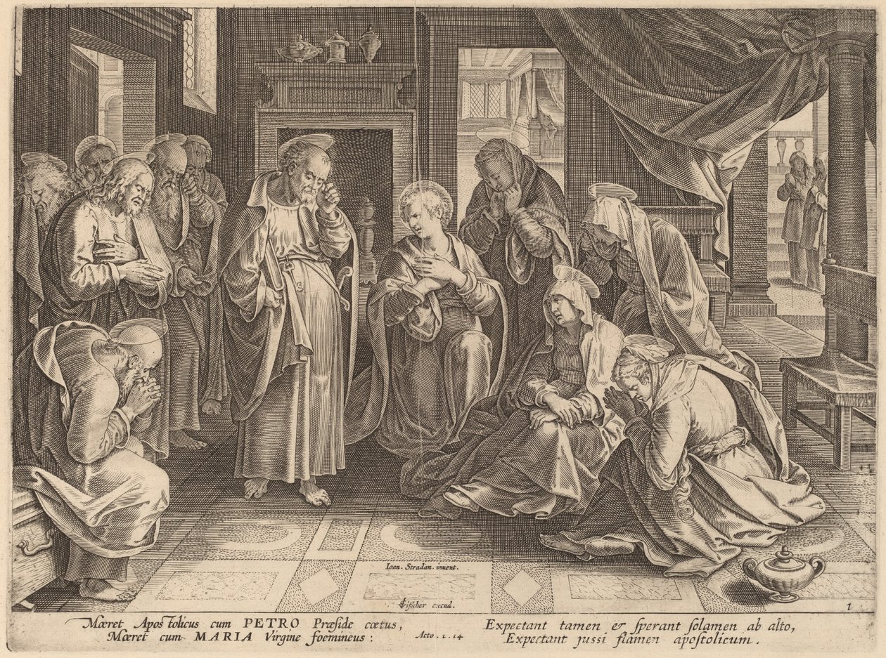 De Ontmoeting van de Apostelen en de Vrouwen in de Bovenkamer door Philip Galle after Jan van der Straet
