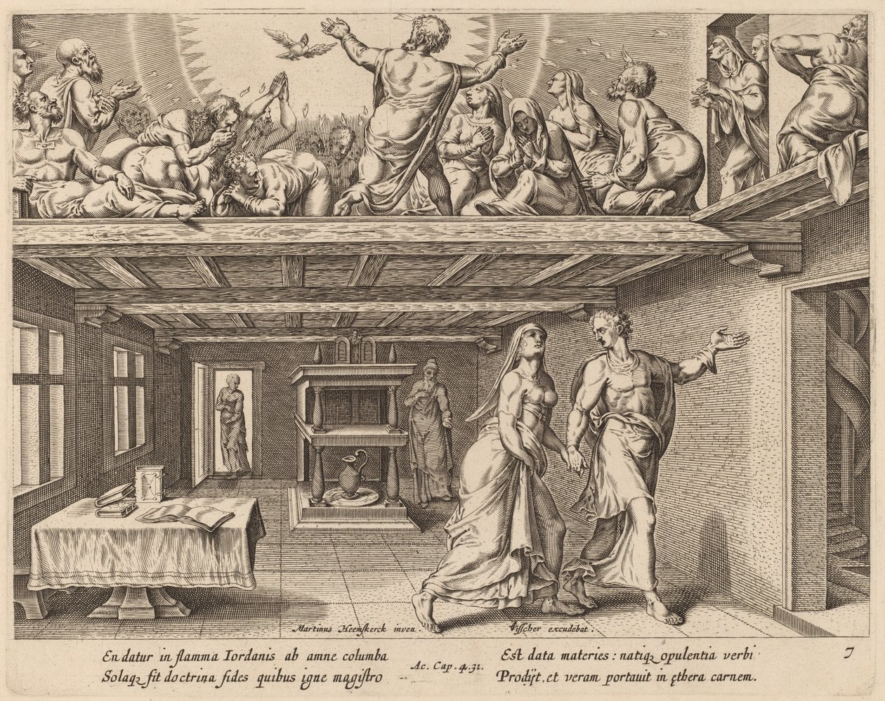 En ze werden allemaal vervuld met de Heilige Geest door Philip Galle after Maerten van Heemskerck