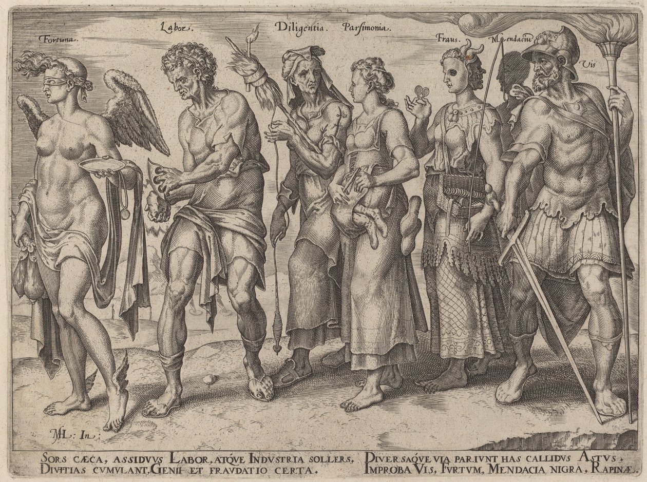 Fortuna, Arbeid, IJver, Spaarzaamheid, Bedrog (Eerlijke en Oneerlijke Manieren om Rijk te Worden) door Philip Galle, after Maerten van Heemskerck