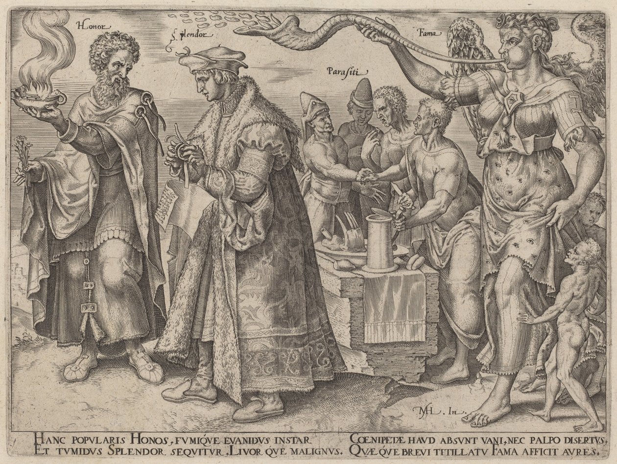 Eer, pracht, Parasiti, Fama (De bedrieglijke effecten van rijkdom) door Philip Galle, after Maerten van Heemskerck